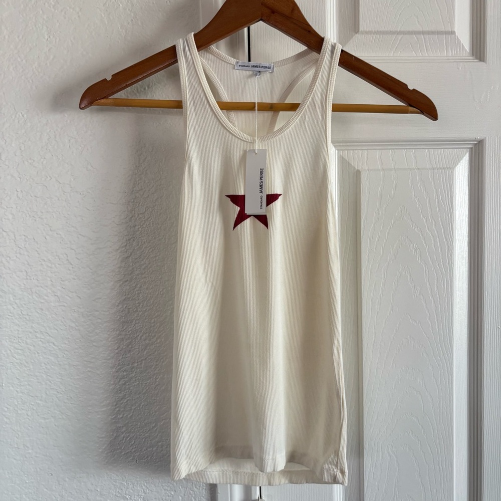 James Perse Cream Ribbed Tank Top with Burgundy Star